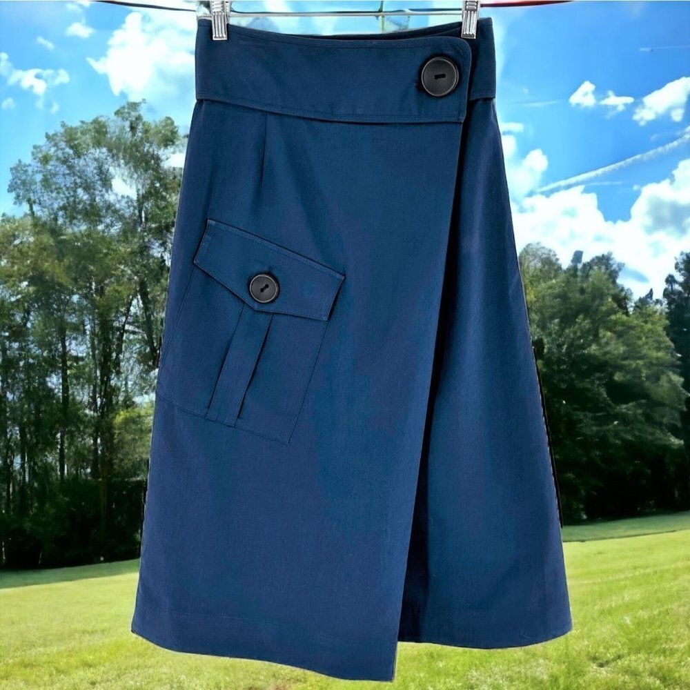 SEA NY Blue Cotton Big Button Pocket Wrap Front Skirt Size 4